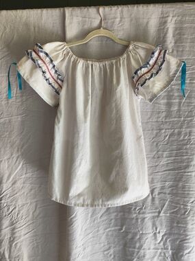 White Peasant Top with Blue and Red Trim